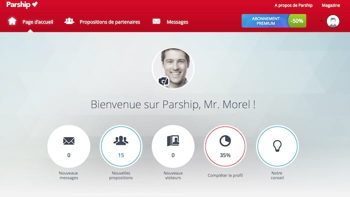 Ecran d'accueil utilisateur du site Parship.