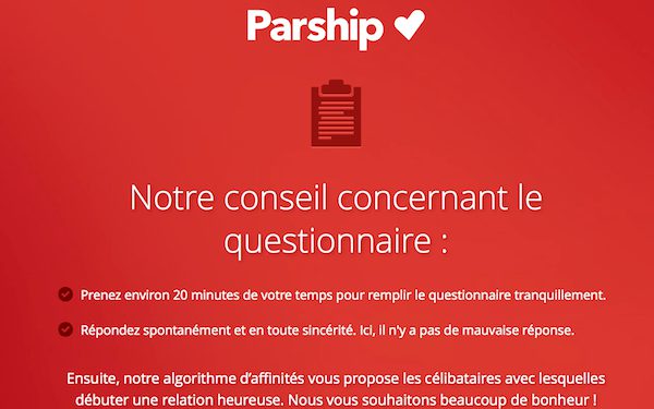 Conseils de Parship sur son questionnaire de rencontre par affinité.