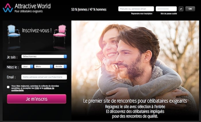 Page d'accueil du site de rencontre Attractive World.