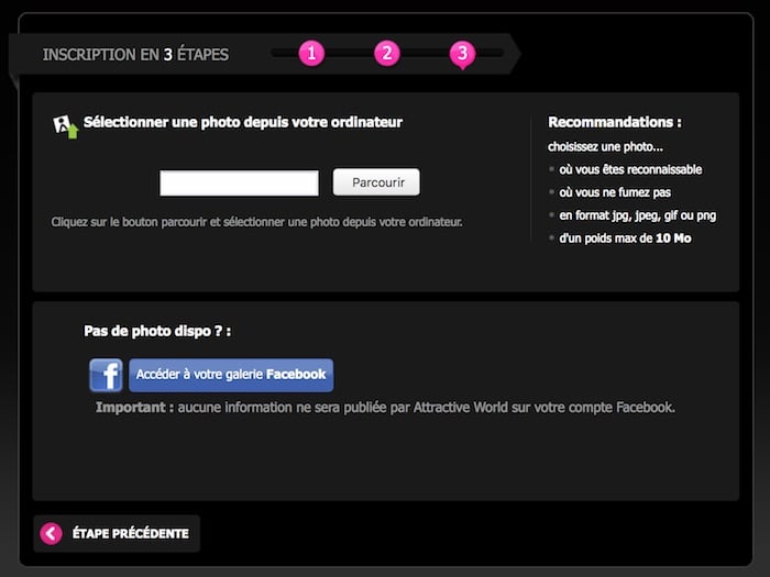 Image montrant la troisième étape de l'inscription Attractive World : l'upload de la photo de profil.