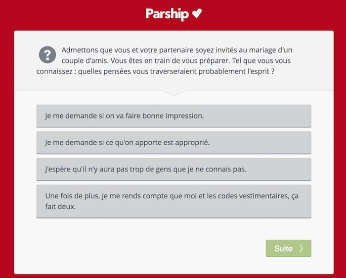 Exemple de question de mise en situation du test de personnalité Parship.