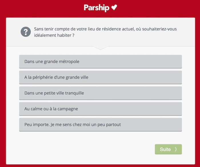 Page de questions proposées par Parship